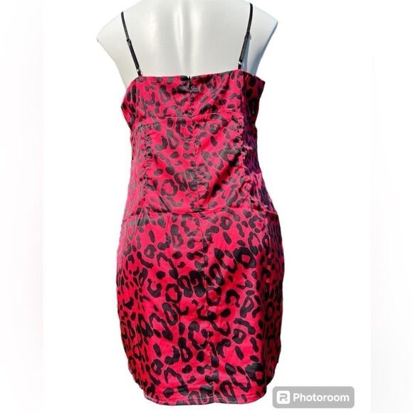 Lulu’s Red Leopard Print Satin Slip Mini Dress New With Tag Size Large - Picture 3 of 13